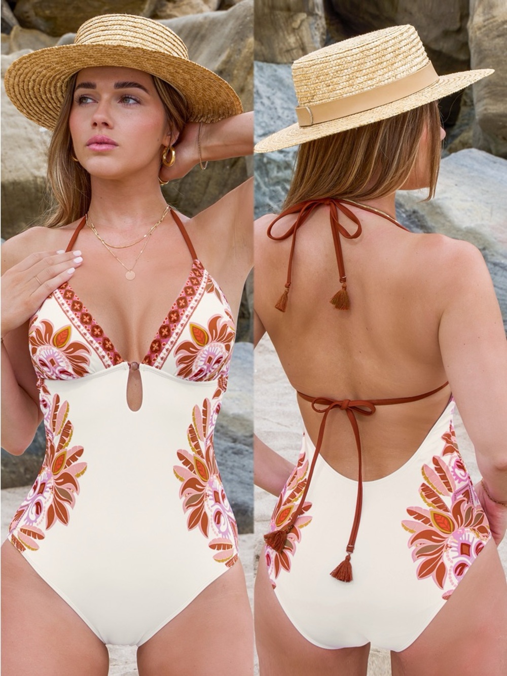 Cupshe Cream V-Neck One-Piece Swimsuit with Terracotta Floral